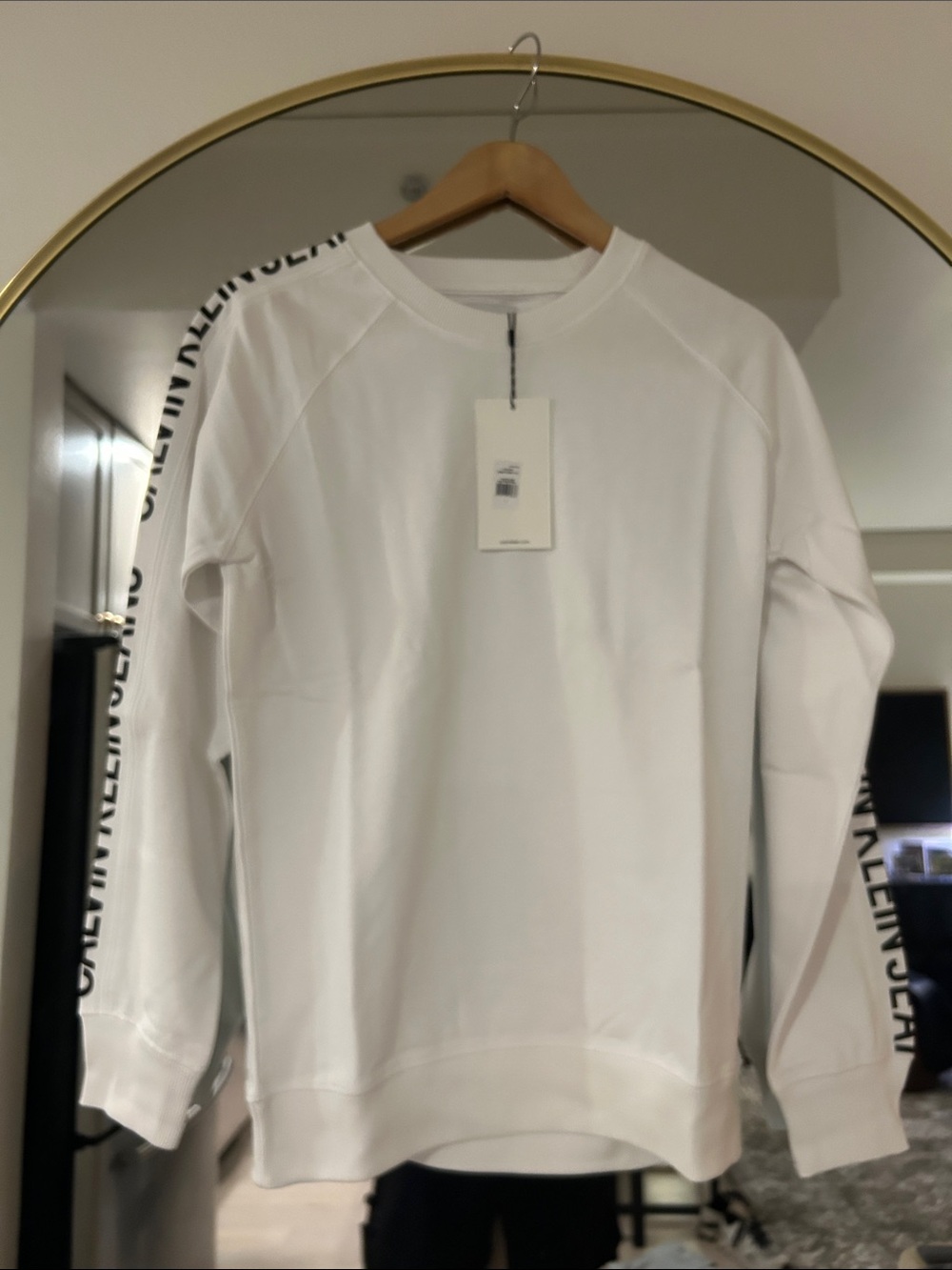 Calvin Klein White Crewneck Sweatshirt with Logo Sleeve Trim